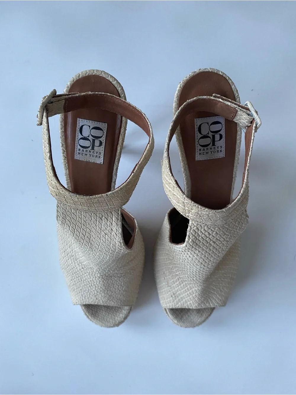 Barney’s New York vintage cream embossed leather platform sandals